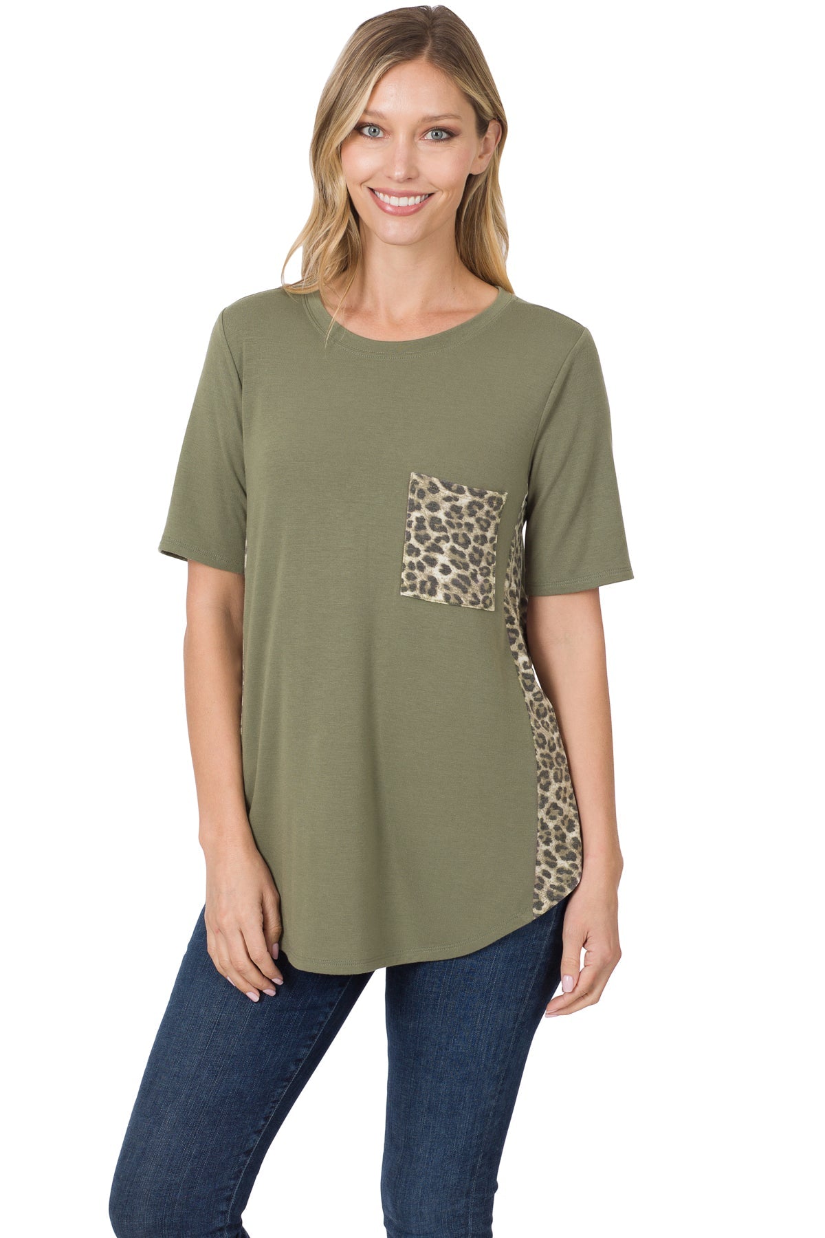 Side Panel Leopard Front Pocket Top - Lt Olive/Olive
