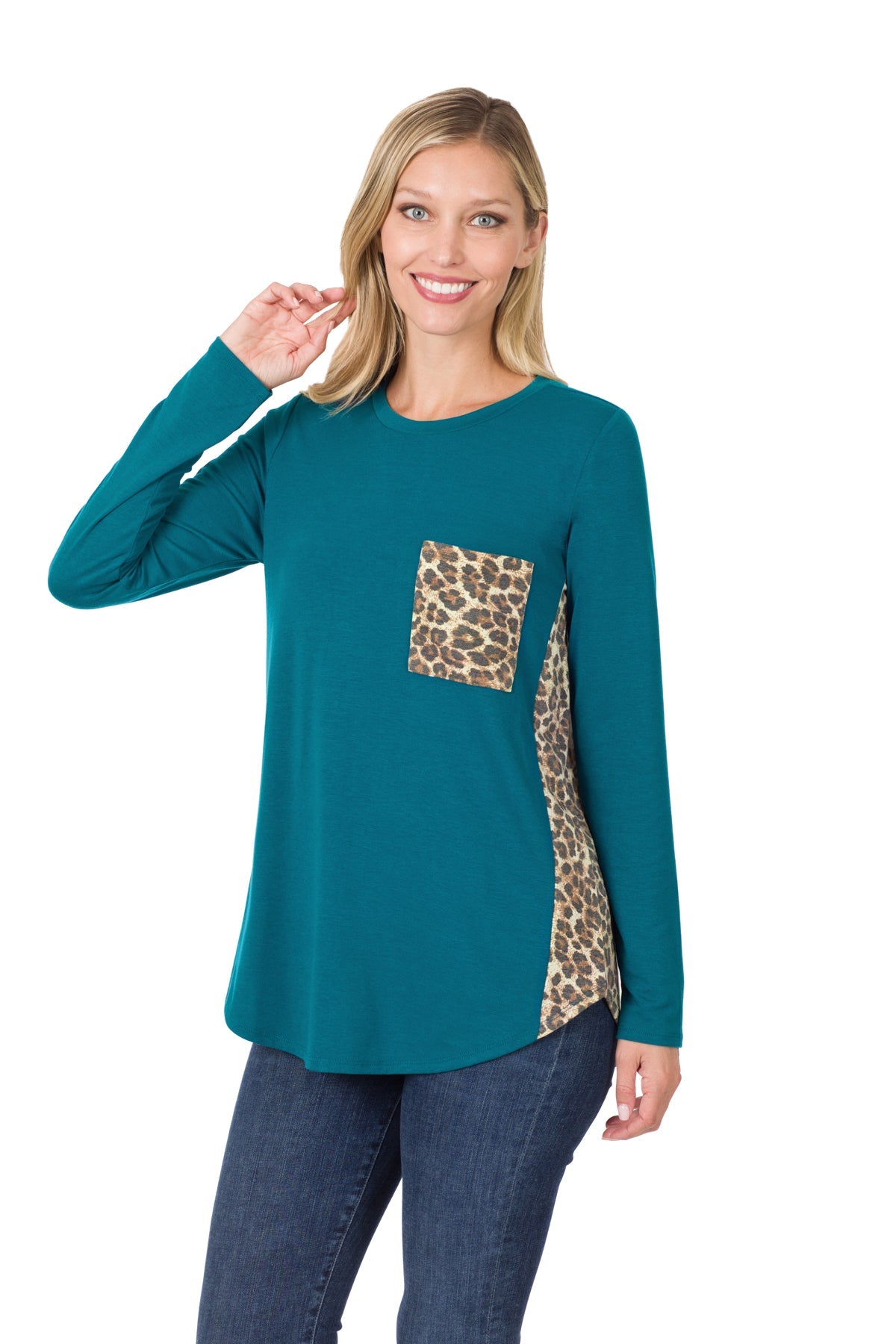 Side Panel Leopard Front Pocket Top - Teal