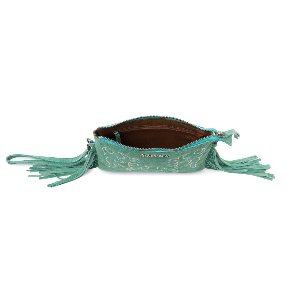 Myra Boot Stitch Suede Bag for Women in green with embroidery and fringe detail Myra USA