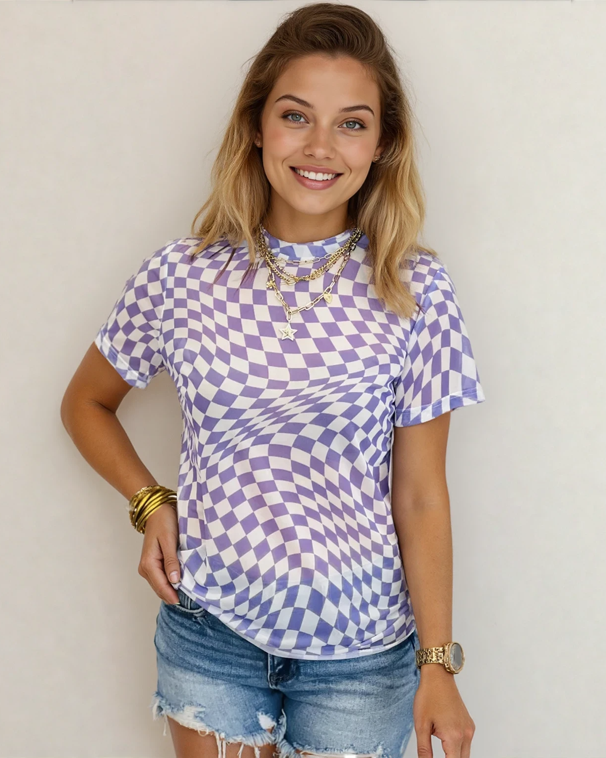 Short Sleeve Checkered Mesh Crew T Shirt - Purple Indie & Co.