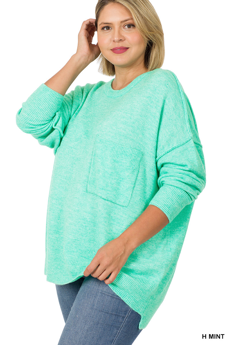 Melange HI-Low Hem pocket Sweater - H Mint