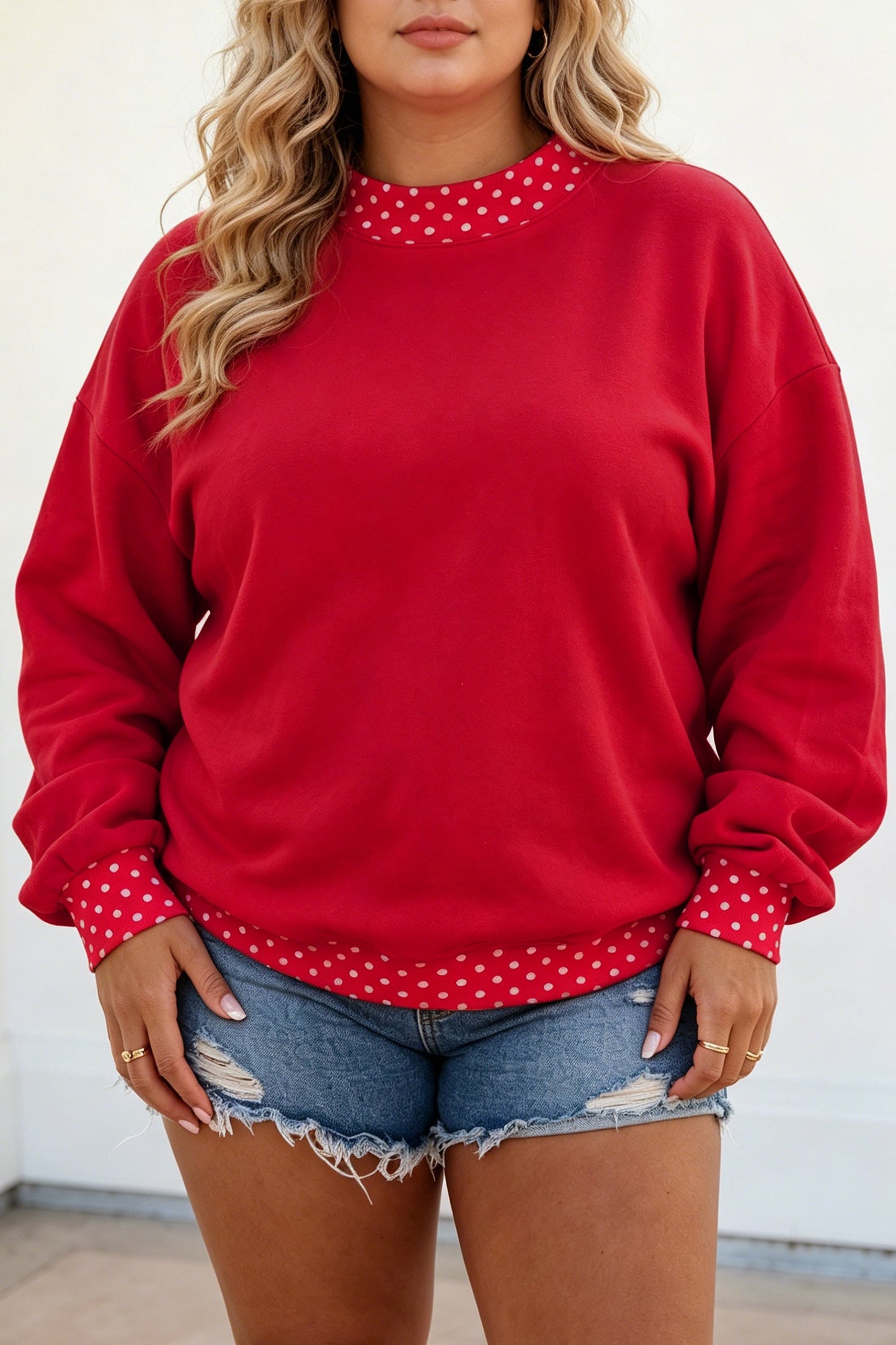 Racing Red Polka Dot Patchwork Round Neck Plus Size Sweatshirt