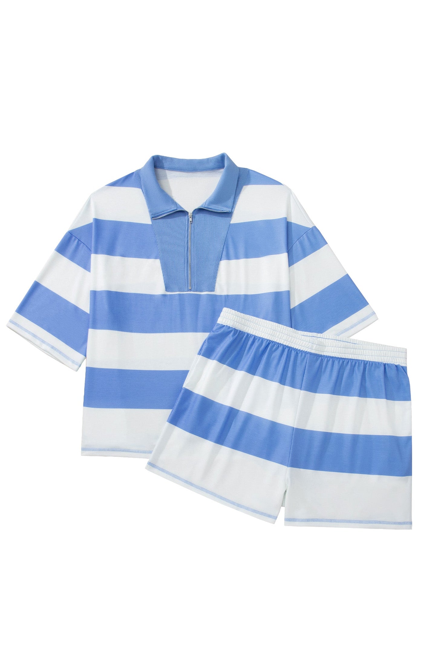 Sky Blue Stripe Drop Shoulder Zipped Collar T Shirt Plus Size Shorts Set Unique Oils
