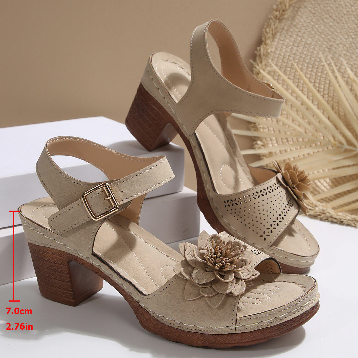 Women's Floral T-Strap Chunky Heel Platform Sandals