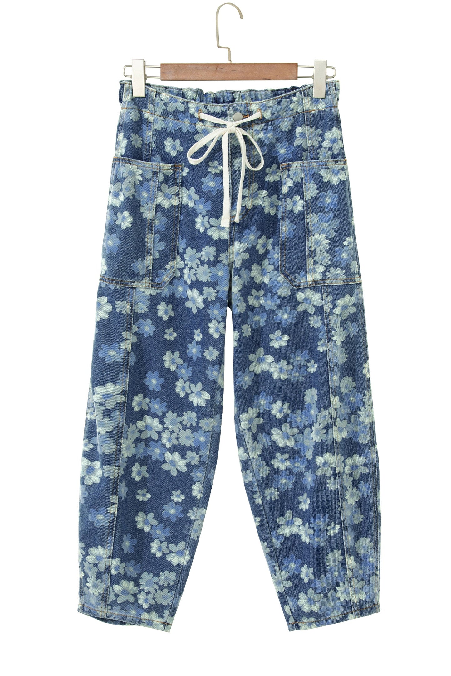 Sky Blue Dainty Floral Printed Drawstring Barrel Jeans