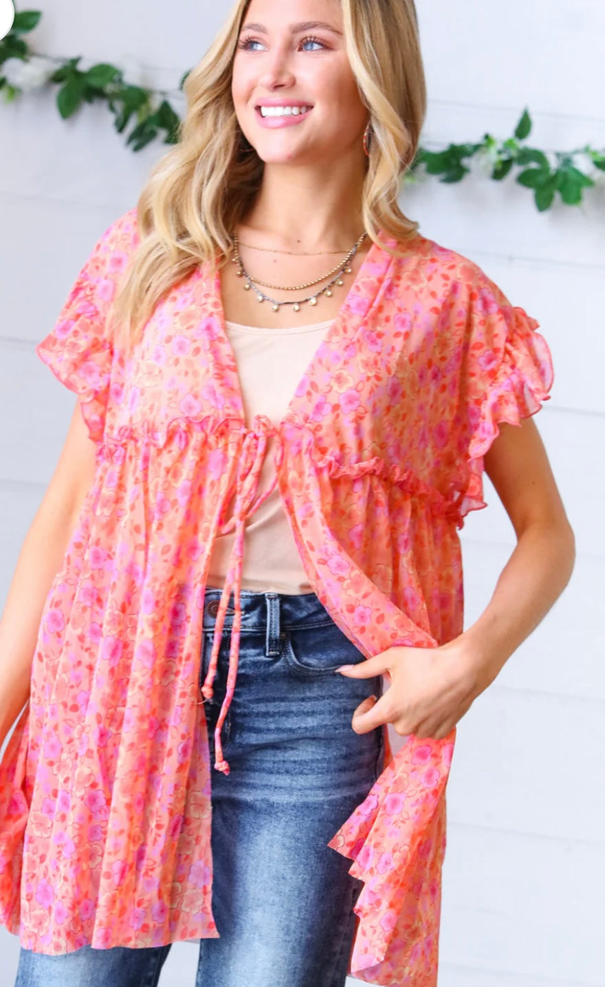 Peach & Lavender Floral Sheer Tie Top