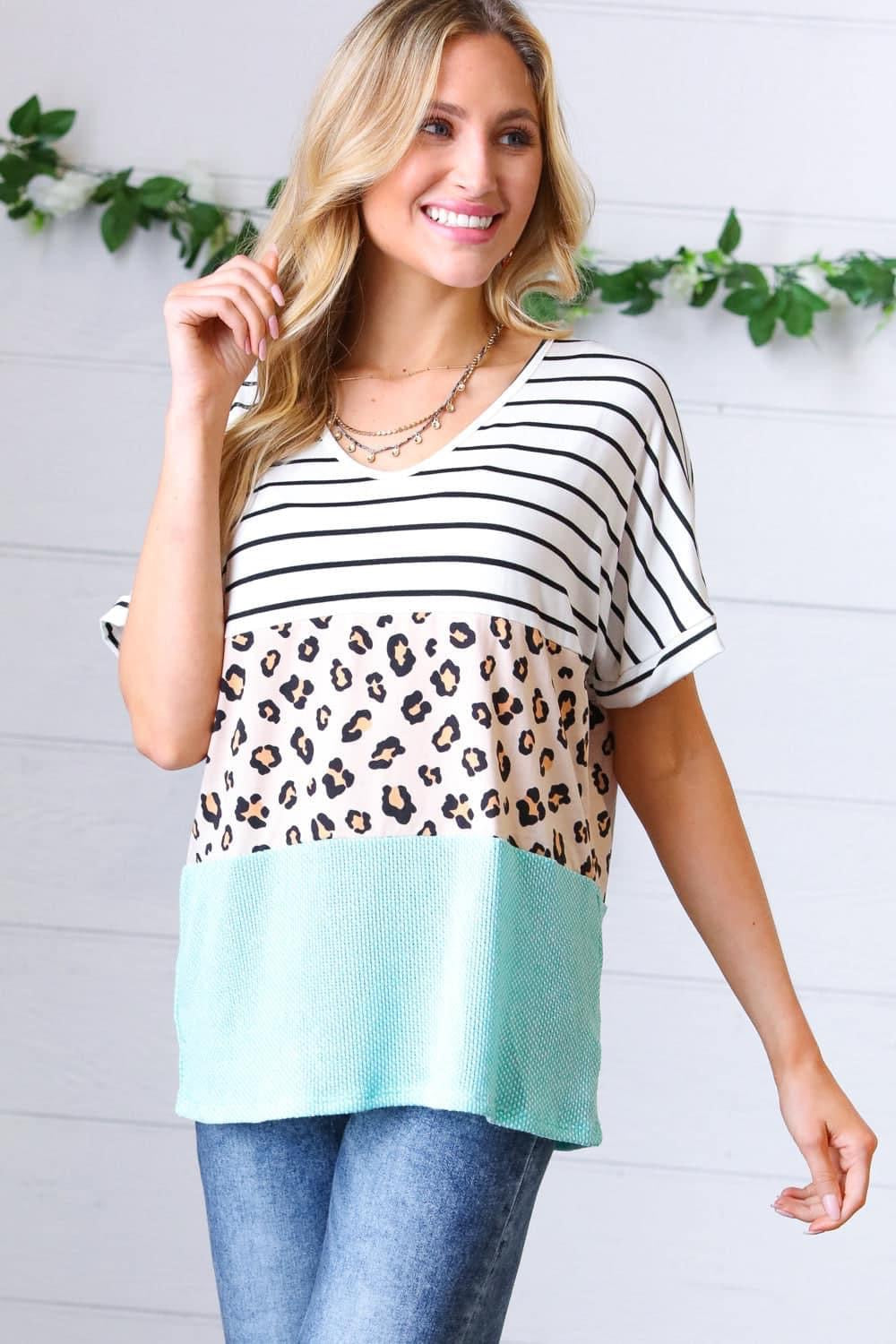 Mint Stripe Leopard Color Block Top