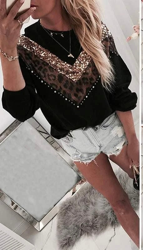Leopard V Black Glitter Top RTS