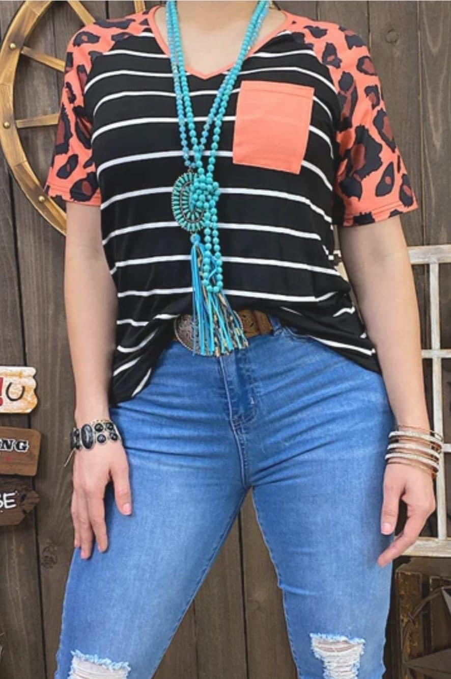 Peach Leopard Striped Shirt