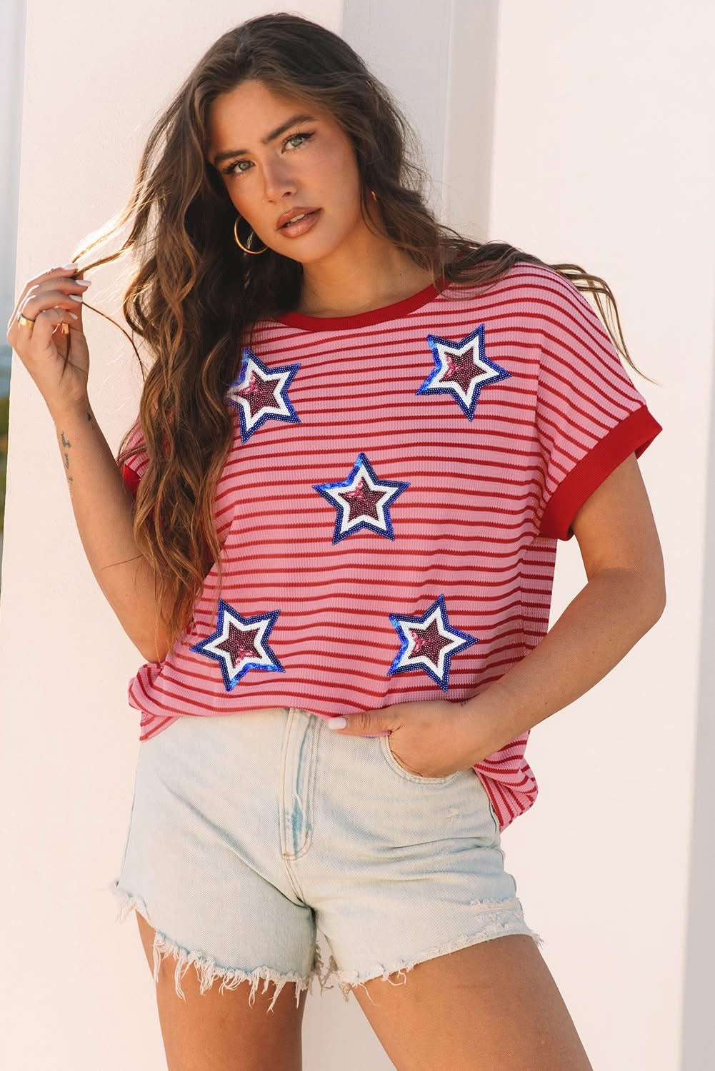 Pink Stripe Sequined Star Independence Summer t shirt