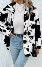 Load image into Gallery viewer, Cow Print Collared Neck Button Up Fuzzy Jacket
