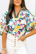 FREE-SPIRITED PEACOCK BLUE FLORAL BOHO BLOUSE