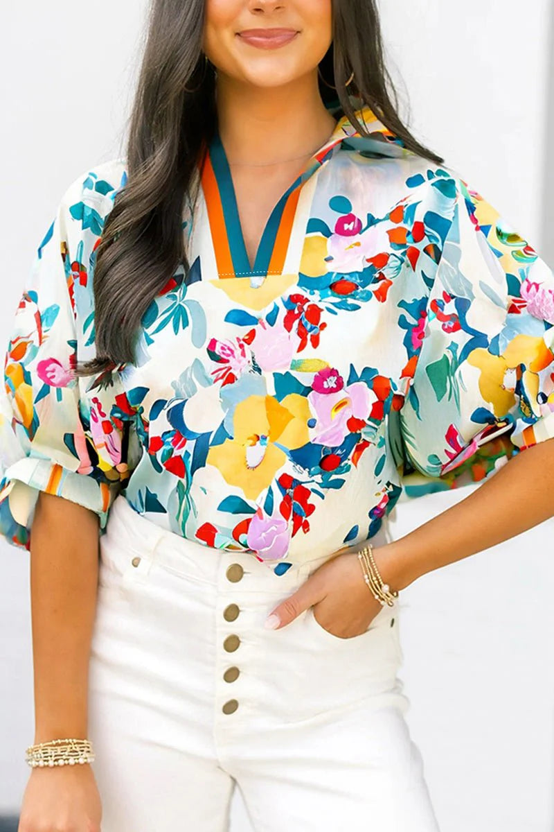 FREE-SPIRITED PEACOCK BLUE FLORAL BOHO BLOUSE