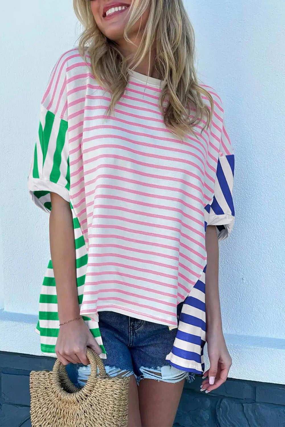 Colorblock Patchwork Stripe Baggy Tee