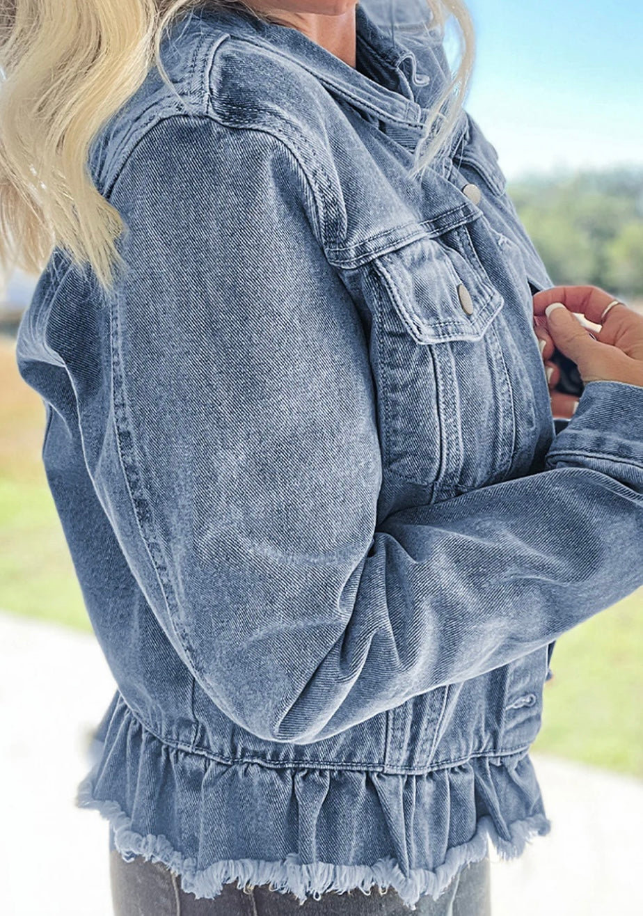 Ruffle Raw Hem Flap Pockets Denim Jacke