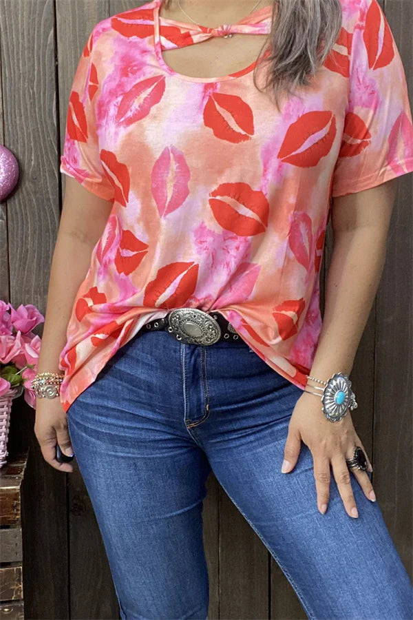 Colorful lips printed short sleeve Top