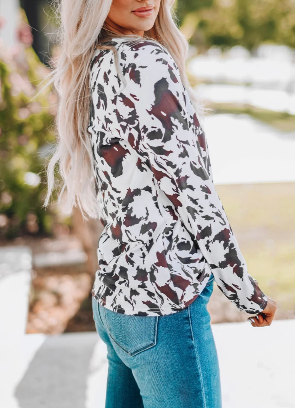 Cow Print Keyhole Long Sleeve Top