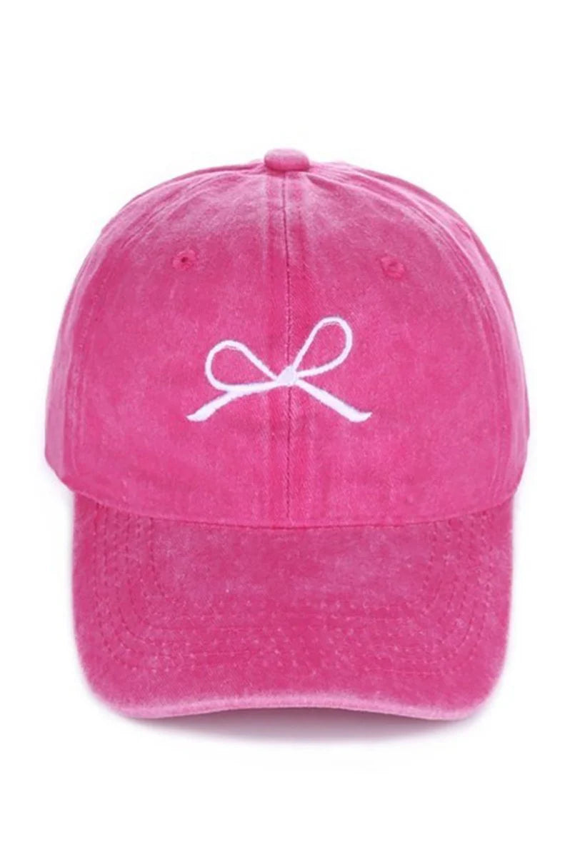 White Embroidered Bow Hot Pink Baseball Cap