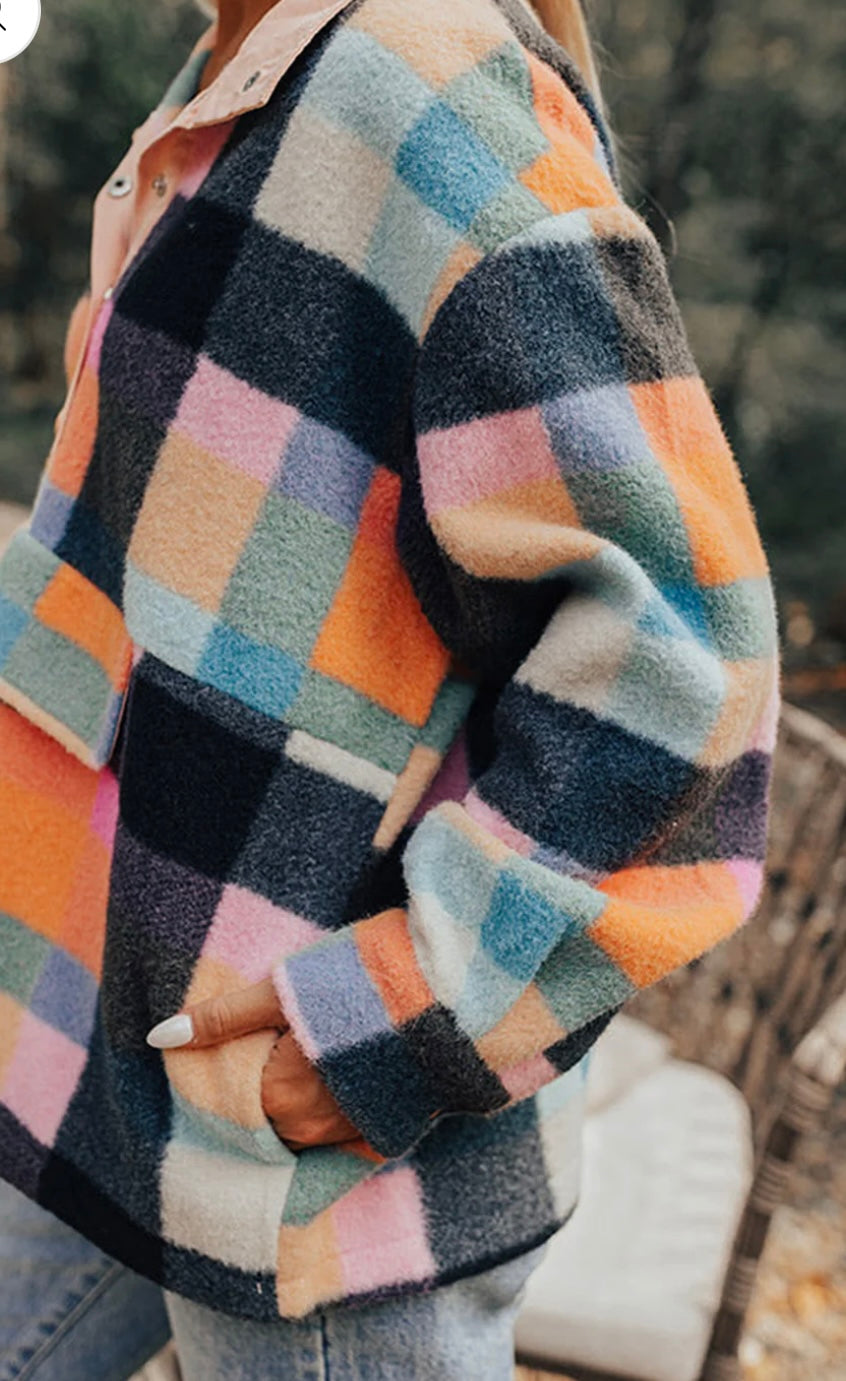 Plaid Pocketed Button Collar Sweatshirt