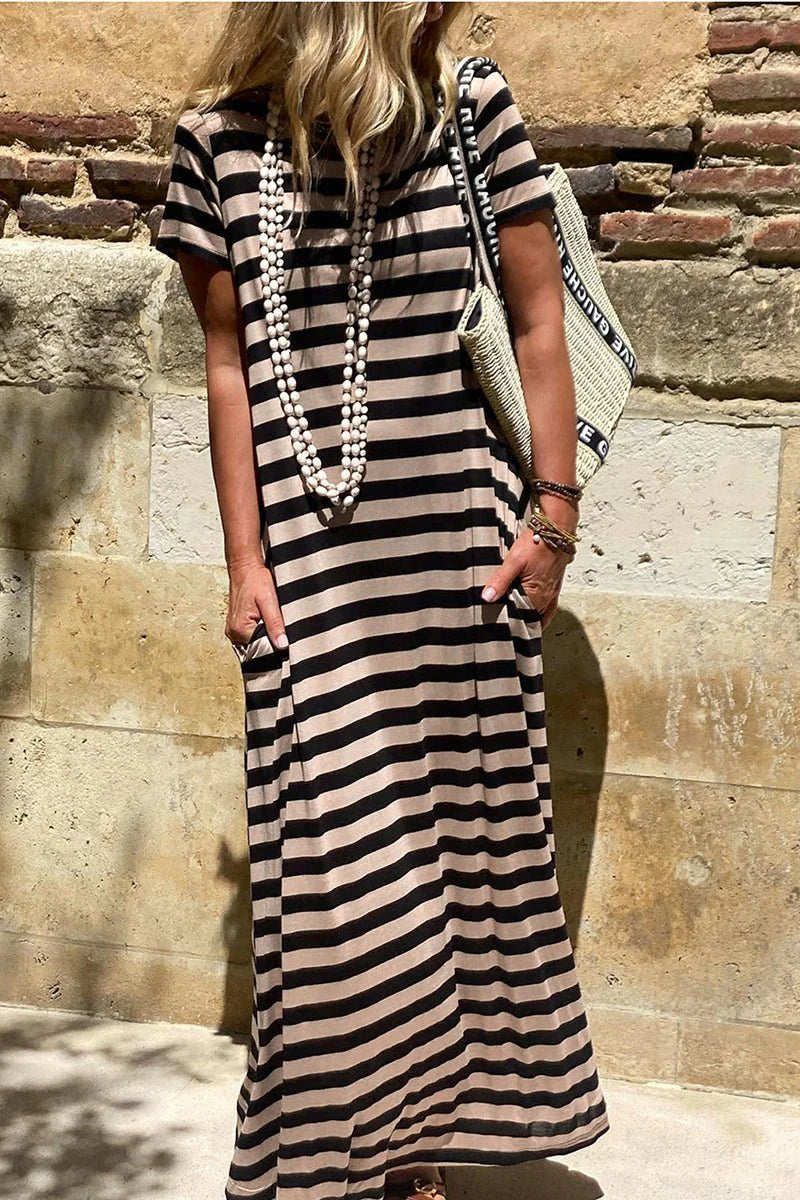 SANTA MONICA PIER BLACK STRIPED MAXI DRESS **SHIPPING EXPECTED TO BEGIN ON DATE 3/15**