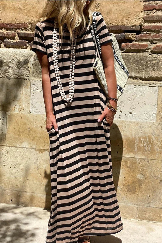 SANTA MONICA PIER BLACK STRIPED MAXI DRESS **SHIPPING EXPECTED TO BEGIN ON DATE 3/15**