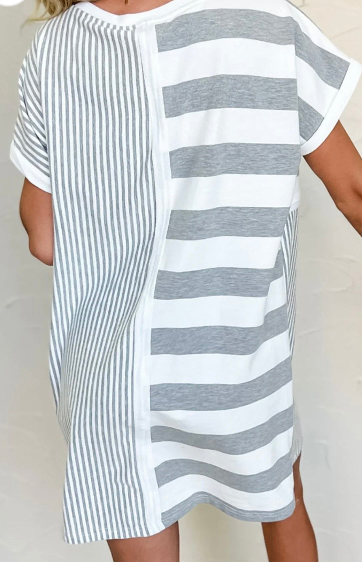 Stripe Mixed Short Sleeve Shift Mini Tee Dress