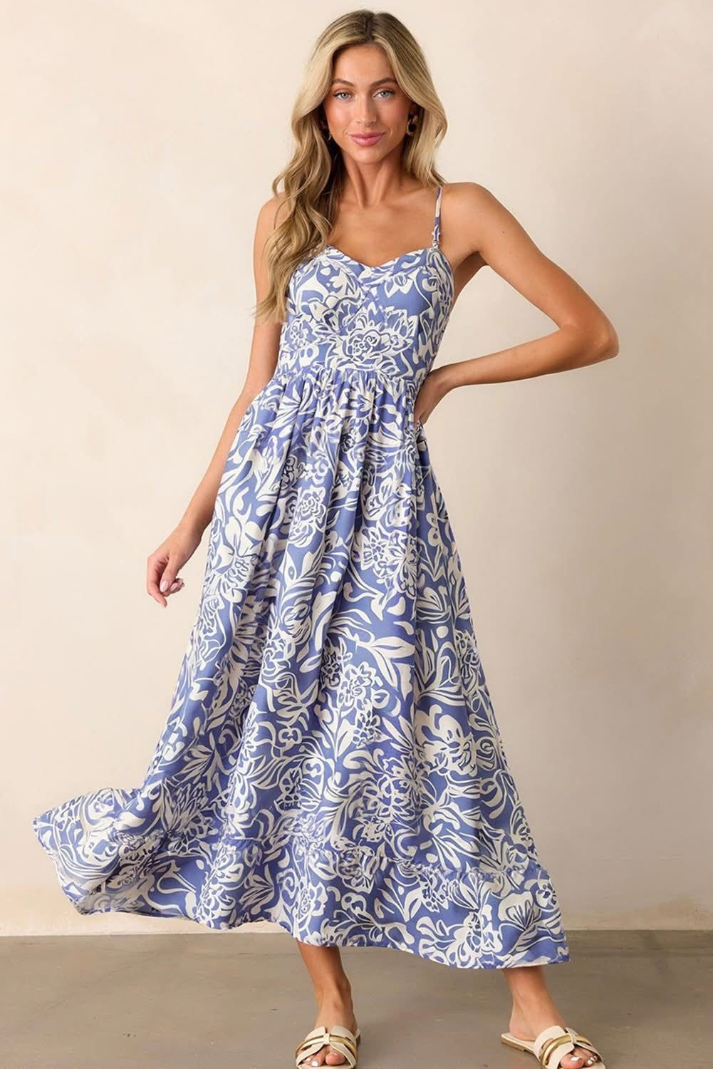 Sky Blue Floral High Waist Maxi Dress