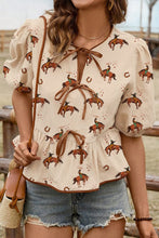 Load image into Gallery viewer, Cowboy Print Puff Sleeve Bowknot Peplum Blouse
