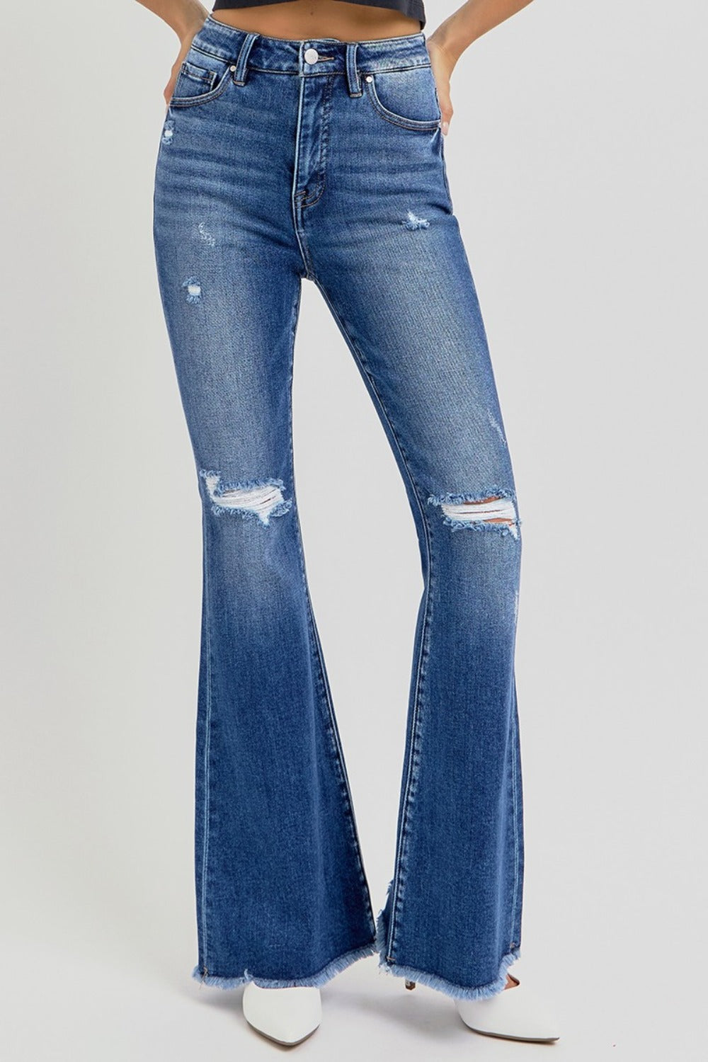 RISEN Full Size High Rise Distressed Raw Hem Flare Jeans Creative Chaos Boutique