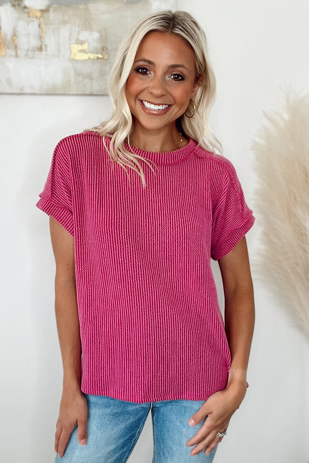 White Crinkle Rib Textured Knit Round Neck T Shirt