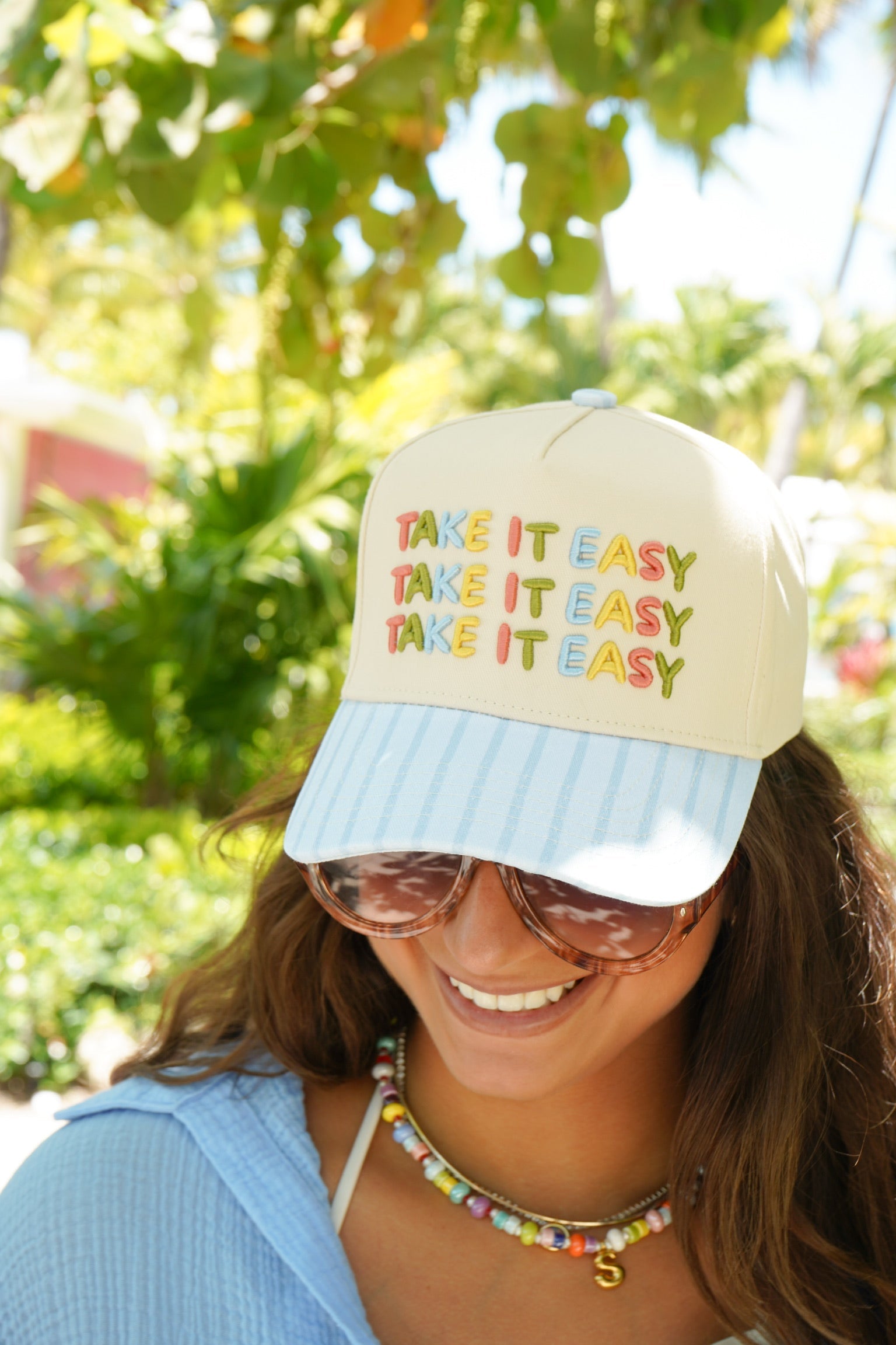 Take it Easy - Blue Striped Trucker Hat KenzKustomz