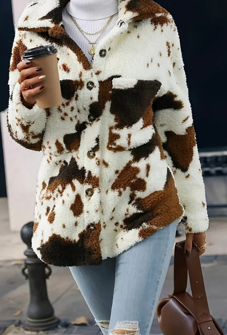 Cow Print Collared Neck Button Up Fuzzy Jacket