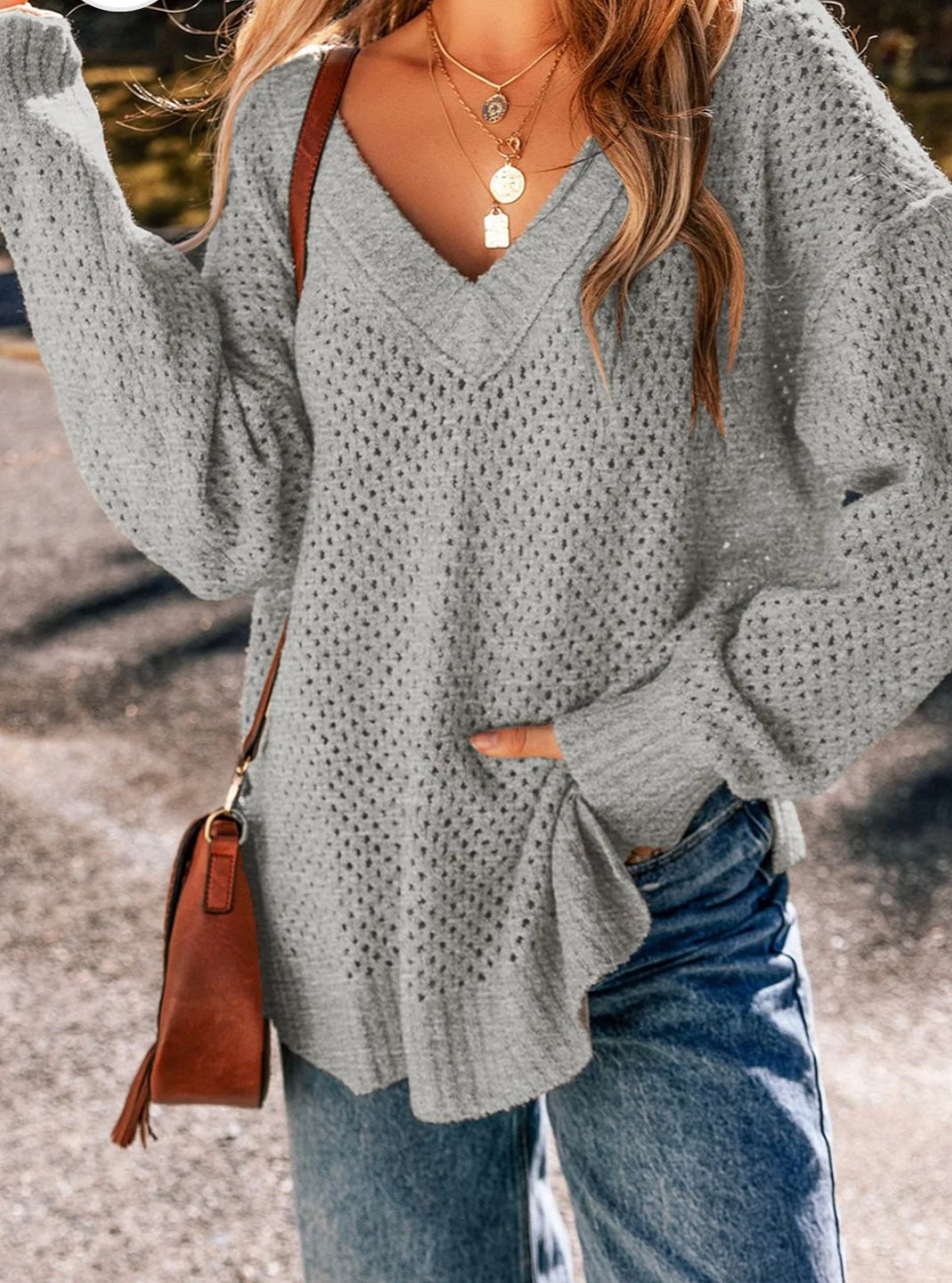Openwork V-Neck Dropped Shoulder Sweater