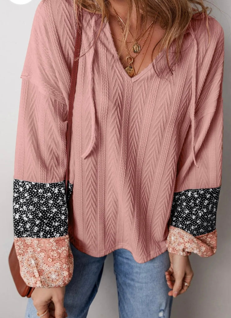 Drawstring Color Block Hooded Long Sleeve Top