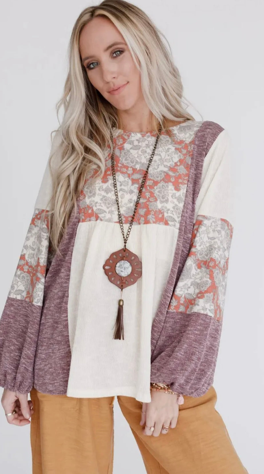 Ribbed Floral Colorblock Bubble Sleeve Top