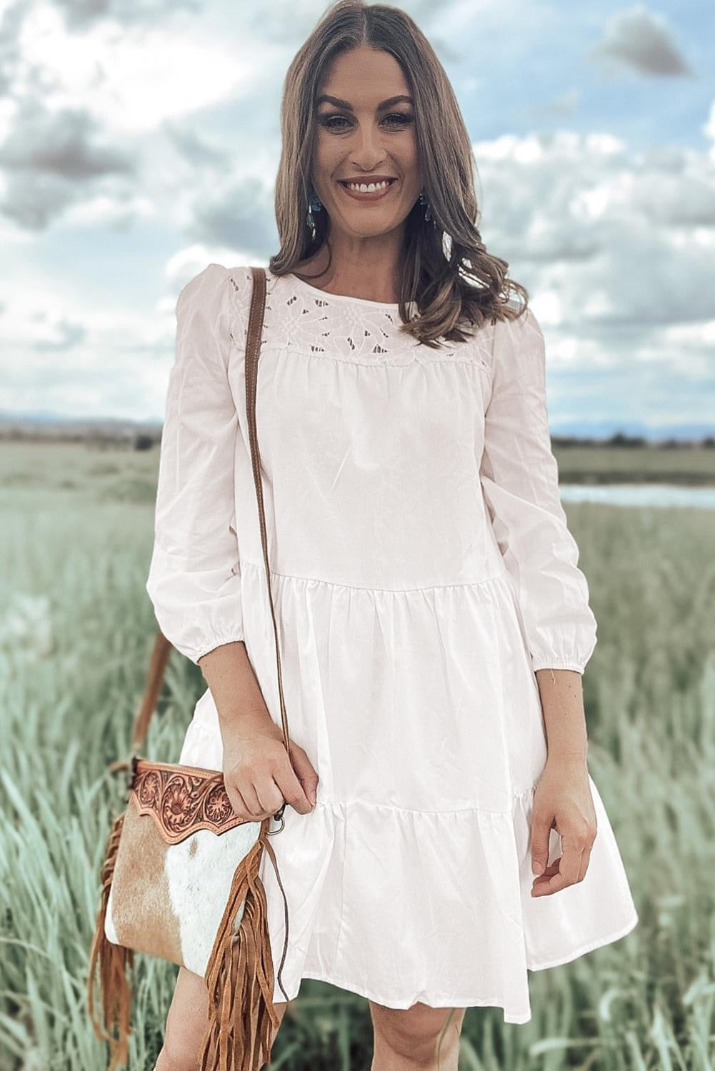 Casual Saturday White Floral Lace Patchwork Bracelet Sleeve Mini Dress