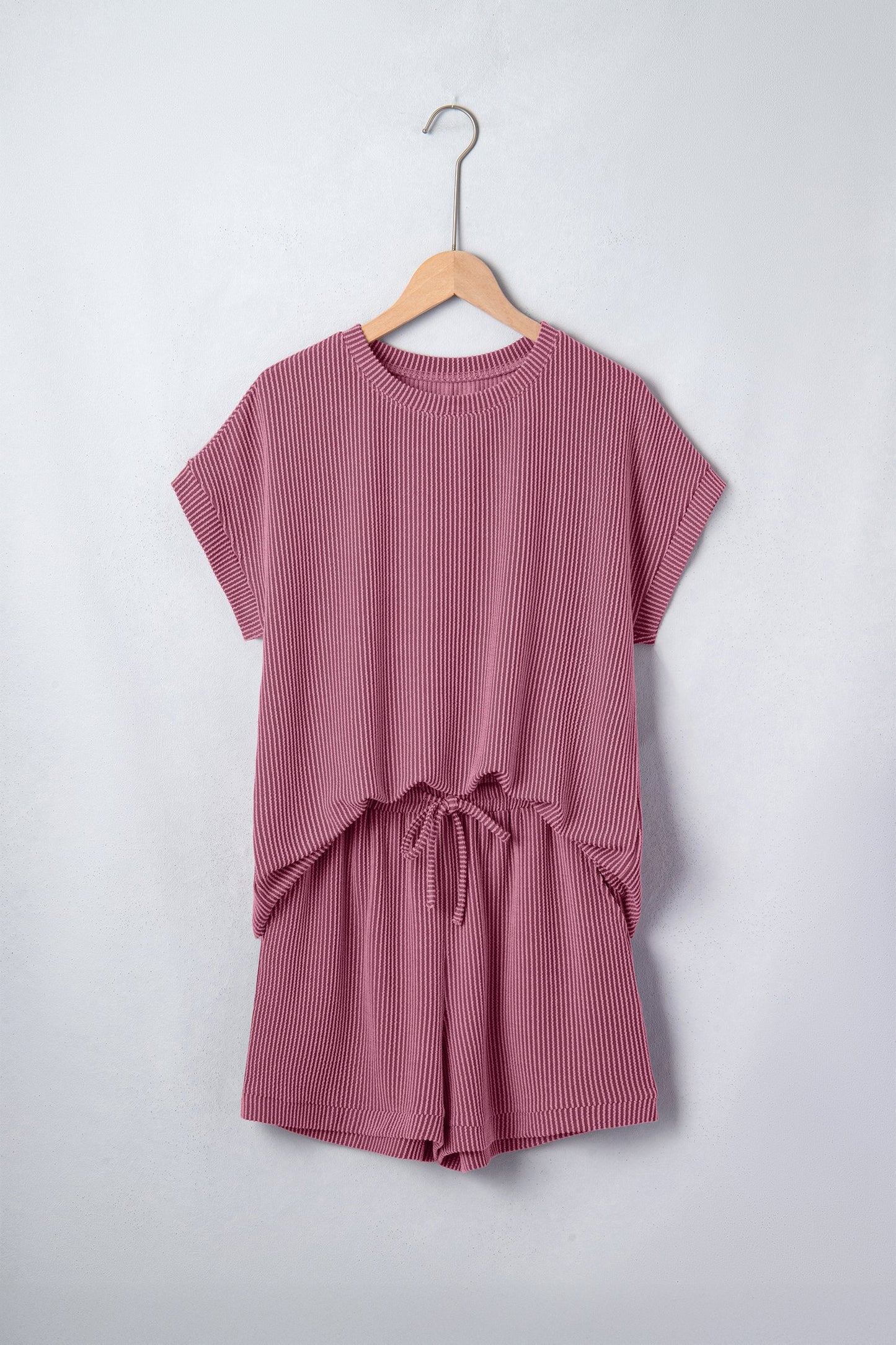 Pitaya Pink Twisted Ribbed Loose Tee Drawstring Elastic Waist 2pcs Short Set