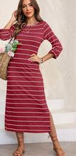 Load image into Gallery viewer, Slit Striped Round Neck Midi Dress
