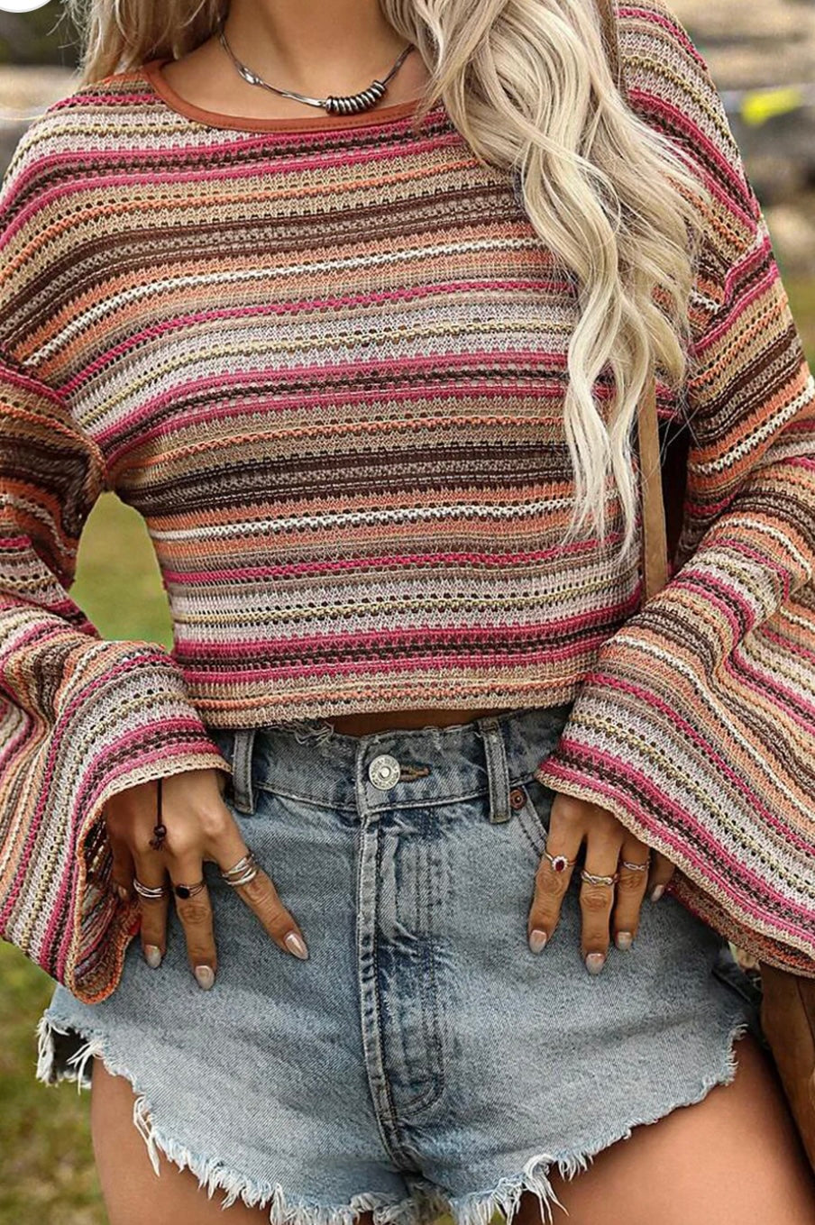 Striped Wide Sleeve Cropped Top