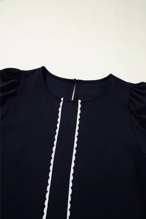 BLACK ON YOUR WAY SCALLOP TRIM MINI DRESS **SHIPPING EXPECTED TO BEGIN ON DATE 3/25**