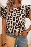 PURRFECTION KHAKI LEOPARD RUFFLE SLEEVE BLOUSE **SHIPPING EXPECTED TO BEGIN ON DATE 3/15**