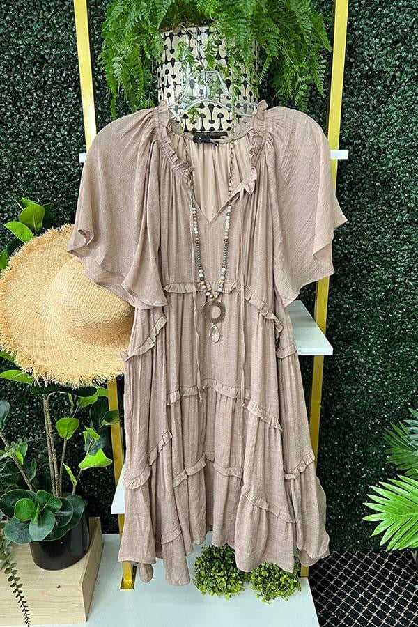 Vneck Ruffle Sleeves Pleated Dress
