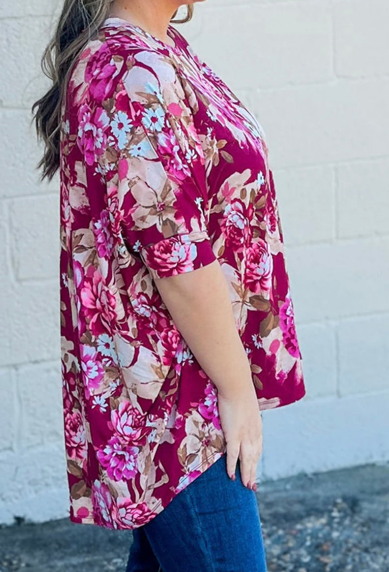 Plus Size Floral Print Short Sleeve Blouse