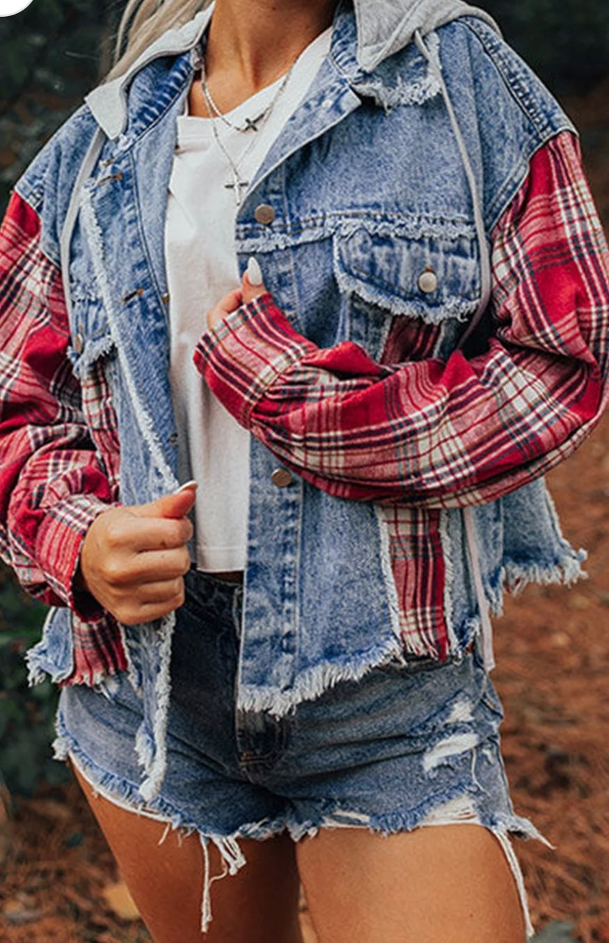 Plaid Patchwork Hooded Denim Jacket