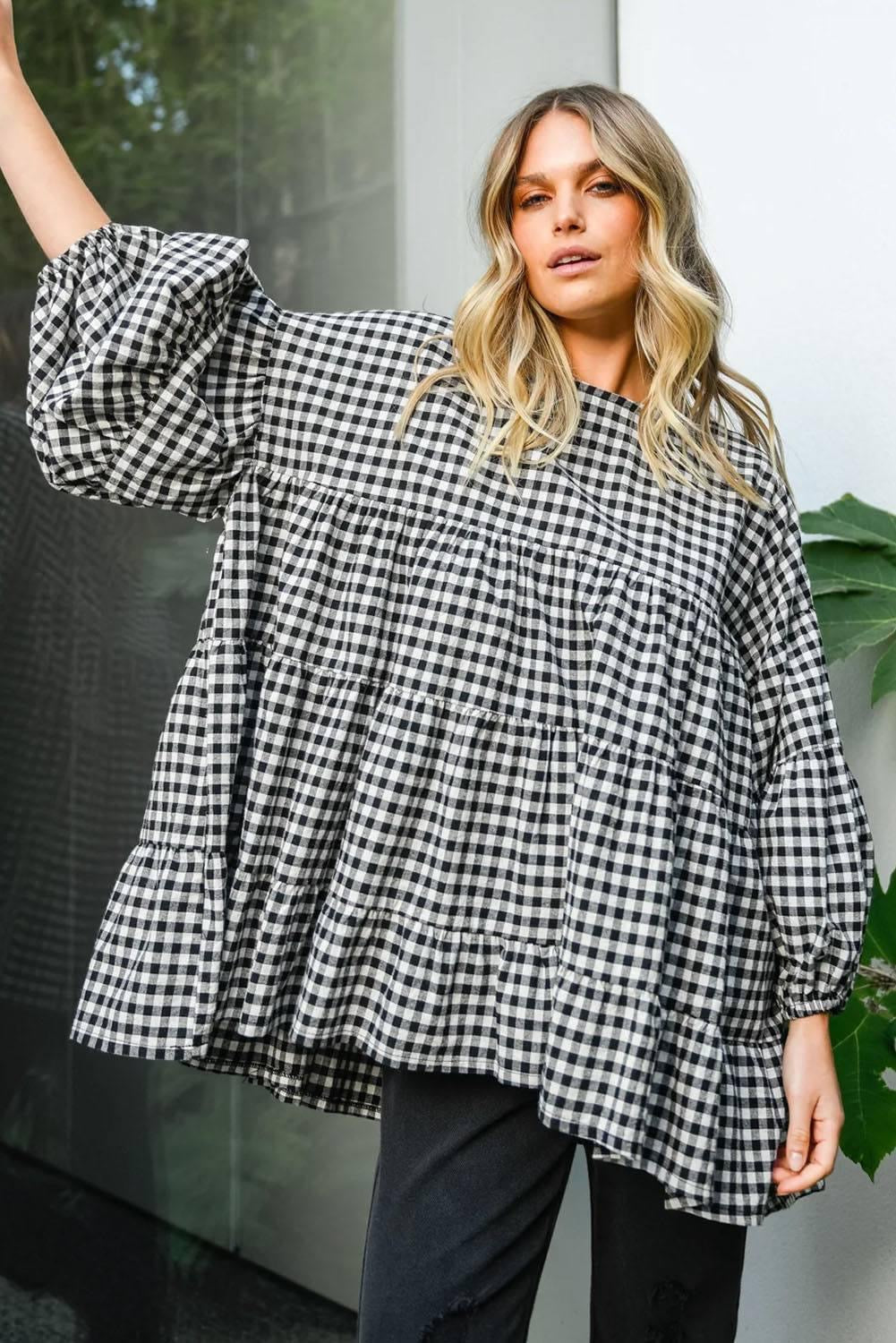 Checkered Dream Puff Sleeve Tiered Loose Babydoll Blouse