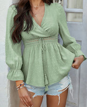 Load image into Gallery viewer, Devine Swiss Dot Lace Detail Surplice Flounce Sleeve Blouse
