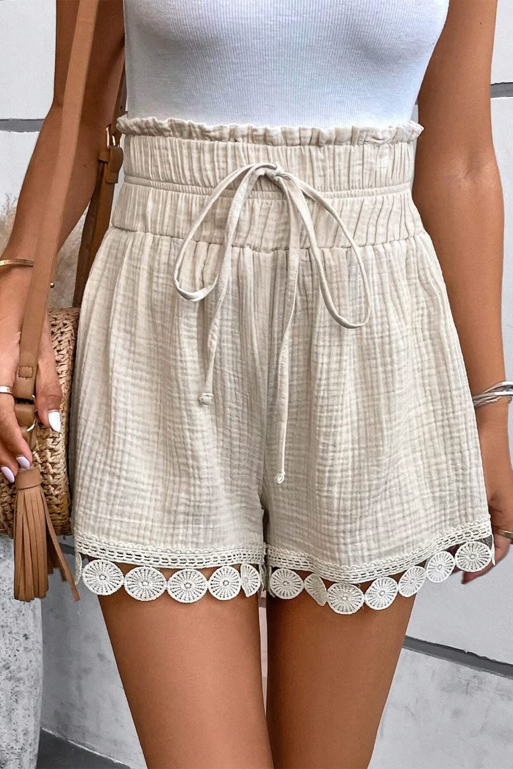 Apricot Textured Frilled High Waist Lace Hem Shorts