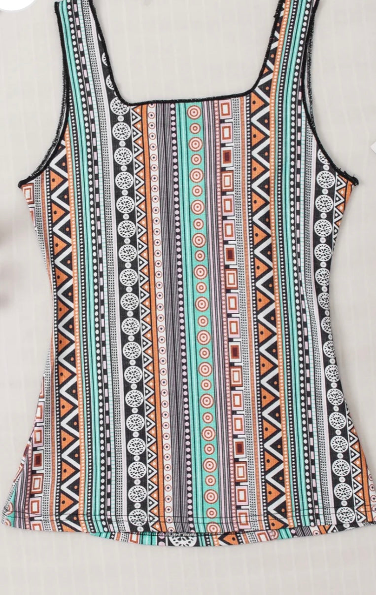 Printed Square Neck Wide Strap Tank