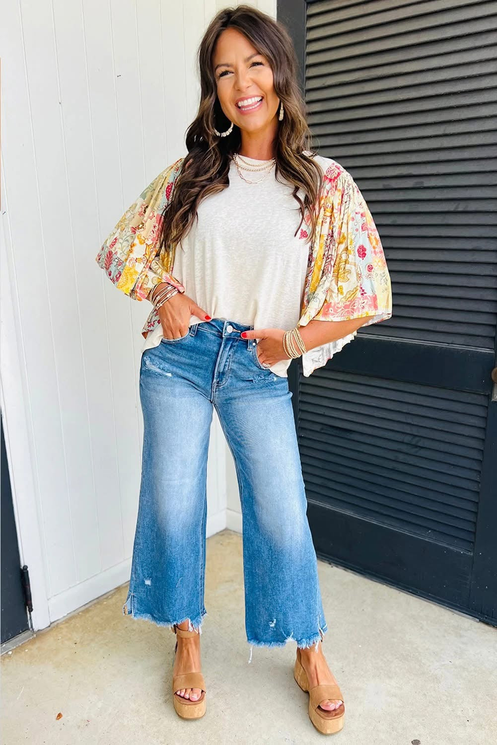 Floral Patchwork Batwing Sleeve Blouse