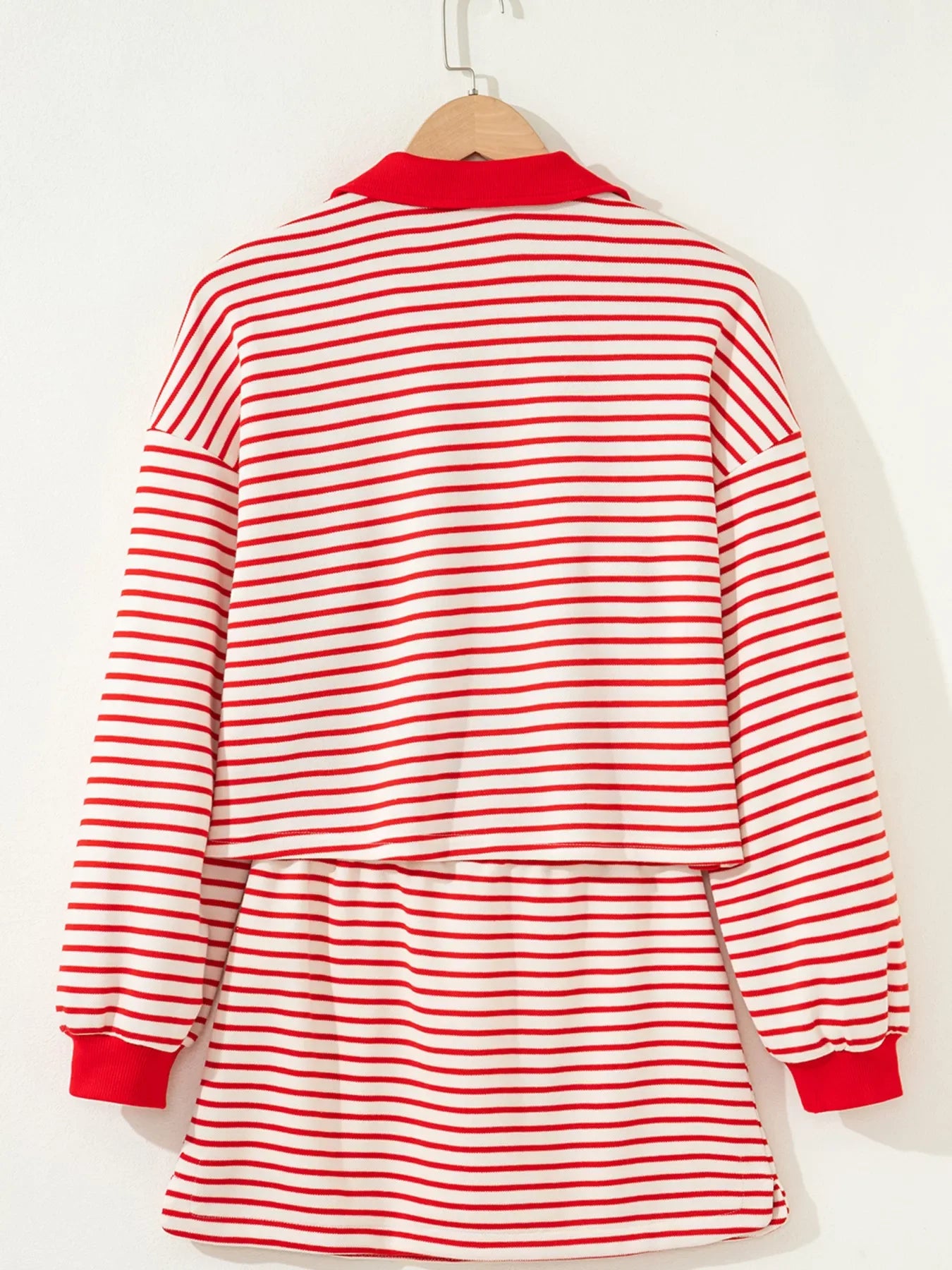 Stripe Collared V Neck Drop Shoulder Pullover and Skort 2pcs Outfit